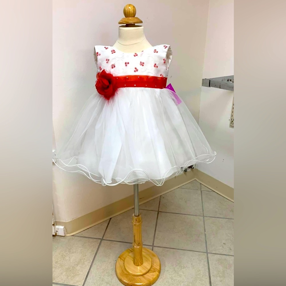 Size 3 Red & White Beaded Flower girl Pageant Easter Party Dress & Bow NWT